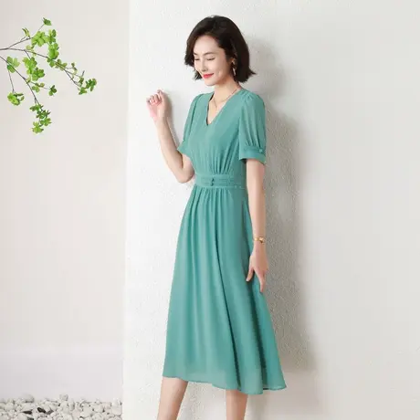 爱朴大码女装2023新款简约捏褶连衣裙夏季胖mm显瘦遮肚v领中长裙图片