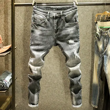 黑灰色破洞补丁牛仔裤男款潮牌耐磨水洗长裤高街痞帅修身小脚裤子商品大图
