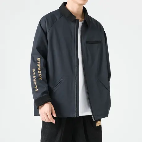 刺绣工装夹克男翻领日系灯芯绒撞色外套中国风元素新中式男装大码商品大图