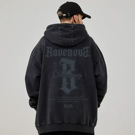 洗水做旧潮牌胖子男装连帽宽松字母美式复古大码加绒卫衣男生外套商品大图