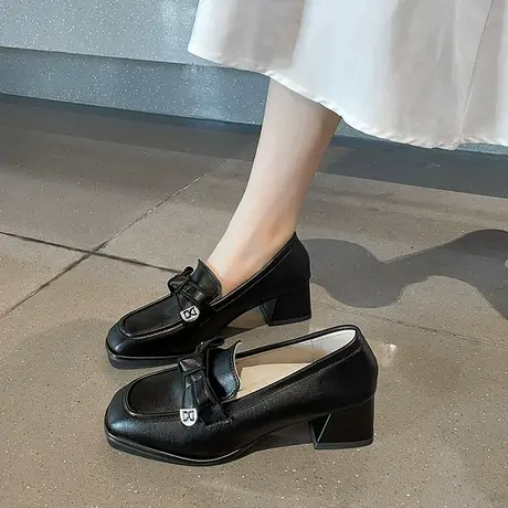 方头小皮鞋女夏季2023年新款粗跟蝴蝶结气质配裙子仙女风高跟单鞋商品大图