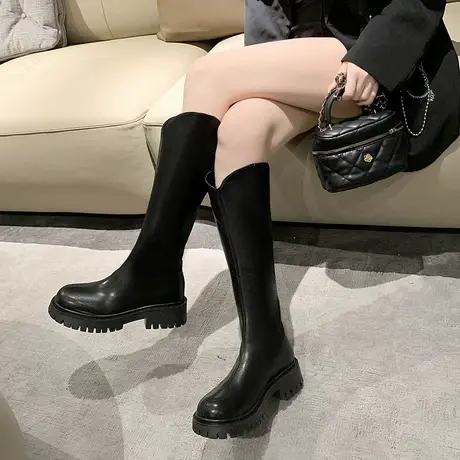 不过膝骑士靴显腿长瘦瘦靴2023秋季新款复古圆头粗跟气质韩版长靴图片