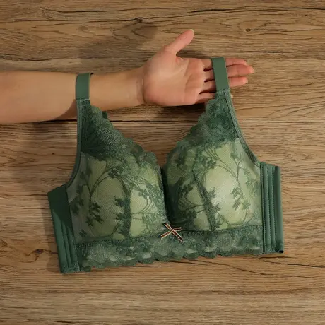 小胸内衣女聚拢收副乳防下垂上托蕾丝文胸厚款品牌胸罩专柜正品绿图片