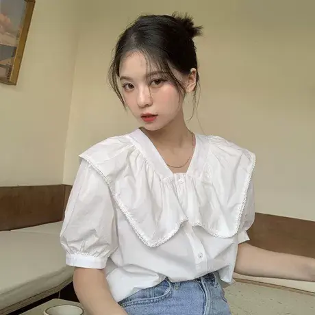 大码白色短袖衬衫设计感小众上衣女装夏季新款法式衬衣胖mm200斤商品大图