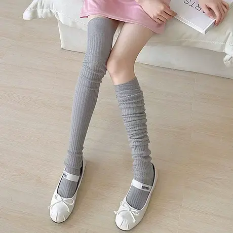 高筒袜子女堆堆长筒竖条纹灰色过膝长腿袜女土娃子秋冬保暖加厚商品大图