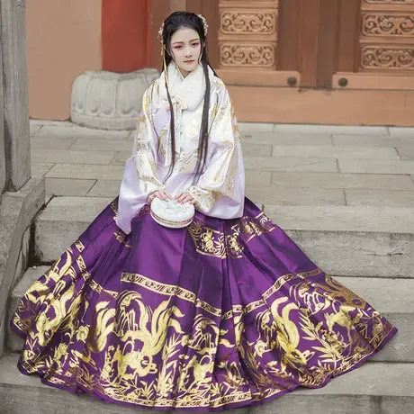 【如梦霓裳丨长乐】原创明制汉服女袄裙交领织金短袄九尾马面裙春图片