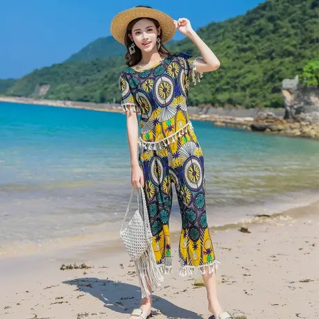 棉绸睡衣女夏套装可外穿短袖长裤薄款绵绸两件套夏季人造棉家居服图片