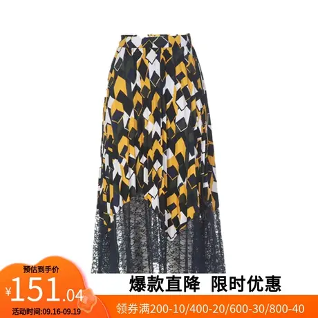 【艾格】学院风半身裙女2023春季新款时尚纹格蕾丝拼接中长裙子图片