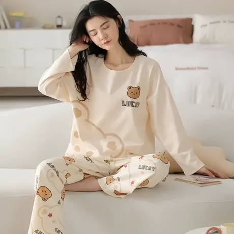 南极人纯棉睡衣女春秋季长袖2023年新款带胸垫薄款家居服套装夏天商品大图
