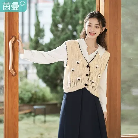 茵曼2023春季女装新款复古温柔宽松舒适刺绣镂空无袖马夹开衫毛衣图片