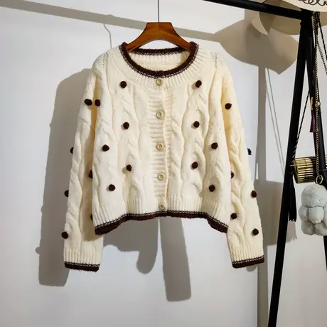 复古麻花毛衣开衫外套女秋冬新款立体球球宽松圆领洋气针织衫上衣商品大图