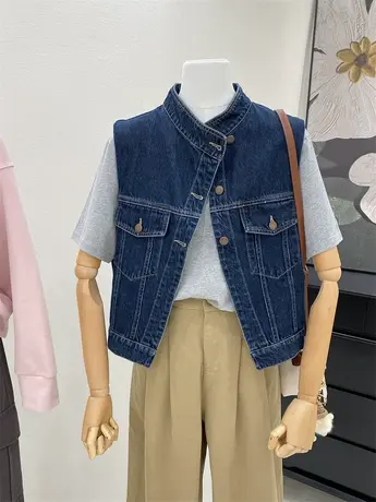 立领牛仔马甲外套女2023春秋新款复古洋气小众设计感叠穿马夹上衣图片