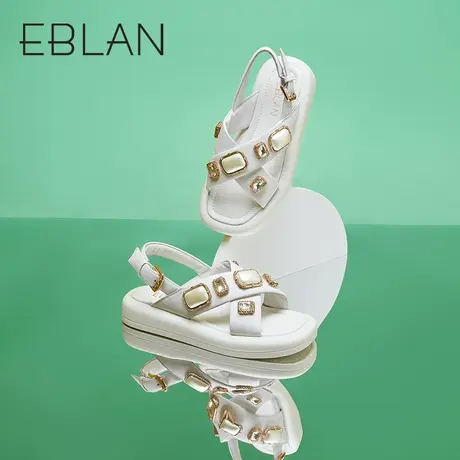 伊伴2023夏季新款女鞋水钻平底交叉带厚底时尚休闲沙滩凉鞋面包鞋商品大图