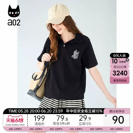 a02polo领黑色短袖T恤女2025新款夏季宽松显瘦遮肉设计感半袖夏装图片