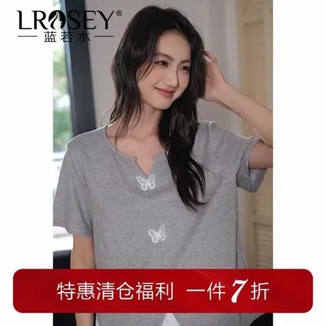 蓝若水大码女装蝴蝶结刺绣V领上衣夏季新品胖MM设计感开叉正肩T恤图片