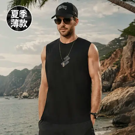 无袖男t恤夏季宽松大码加肥加大美式纯棉运动跨栏男士薄款背心潮图片