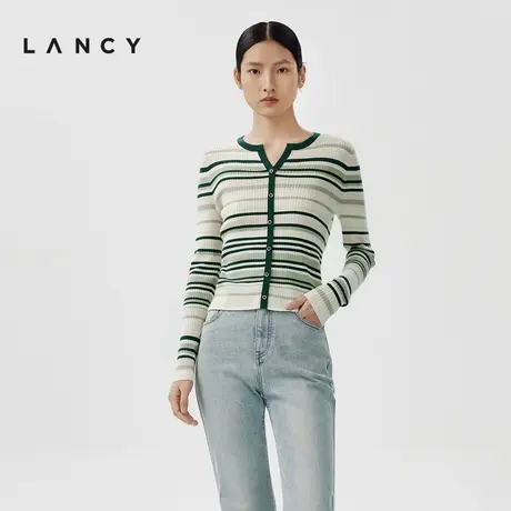 LANCY/朗姿2024春季新款长袖修身条纹羊毛针织衫女薄款气质短上衣图片