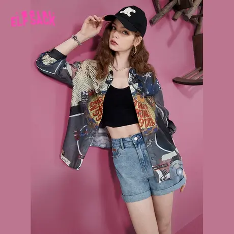 妖精的口袋满印雪纺衬衫开衫女2023夏新款复古设计感薄款小众上衣图片