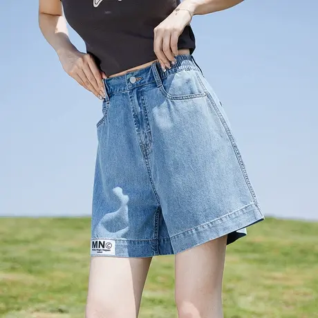 唐狮夏季新款牛仔短裤女天丝阔腿裤高腰宽松松紧腰薄款潮流中裤商品大图