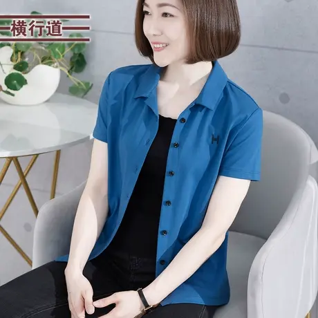 2023夏装新款黑色衬衫领女式短袖刺绣花开衫翻领半袖女士上衣工装商品大图