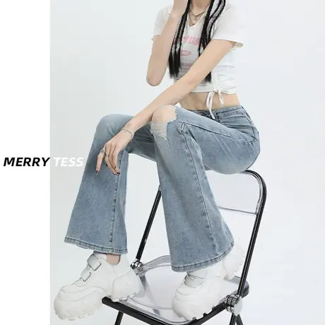 浅蓝色破洞微喇叭牛仔裤女夏季2023年新款设计感修身显瘦马蹄裤子图片