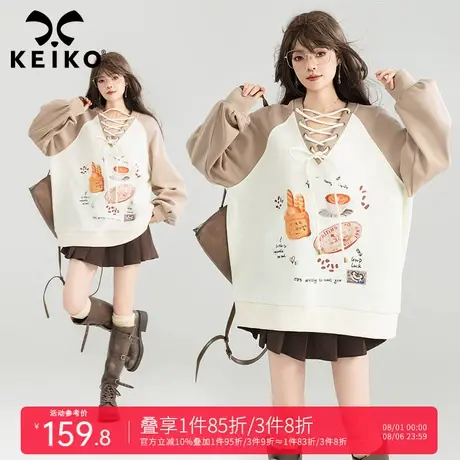 KEIKO 设计感绑带V领插肩袖卫衣女2025秋季美式慵懒休闲宽松外套商品大图