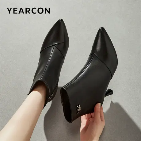 意尔康女鞋冬季真皮加绒短靴羊皮尖头细跟法式气质及踝靴女士皮鞋商品大图