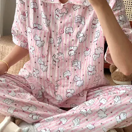 新品！粉条纹线条狗狗短袖长裤套装纯棉双层纱布睡衣可爱有口袋商品大图