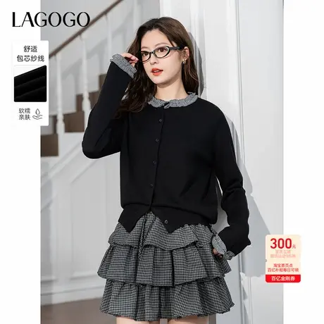 LAGOGO格纹拼接小香风针织衫女拉谷谷2025年秋季新款黑色显瘦开衫商品大图