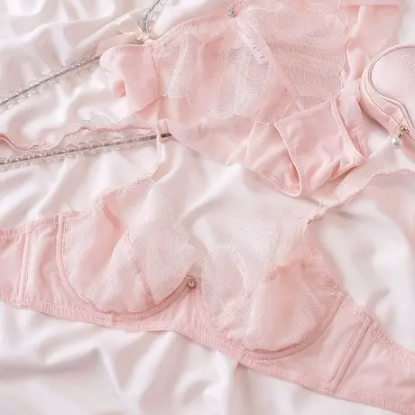 初恋月光~法式粉色内衣女蕾丝钢圈花瓣文胸套装商品大图