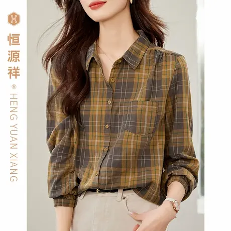 恒源祥纯棉格子衬衫女长袖100%棉春秋学生宽松显瘦日系学院风衬衣商品大图
