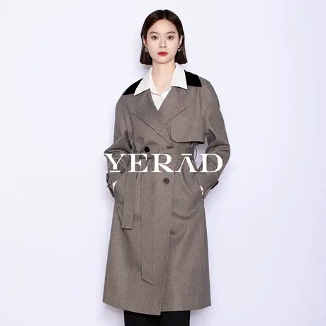 【商场同款】娅丽达撞色双排扣风衣外套女2025秋新款灰色长款大衣商品大图
