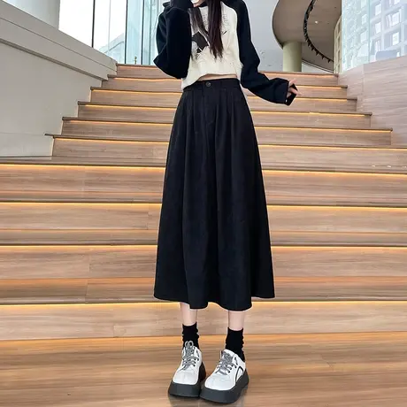 黑色灯芯绒高腰a字半身裙女2023秋冬季伞裙百搭a字显瘦气质中长裙图片