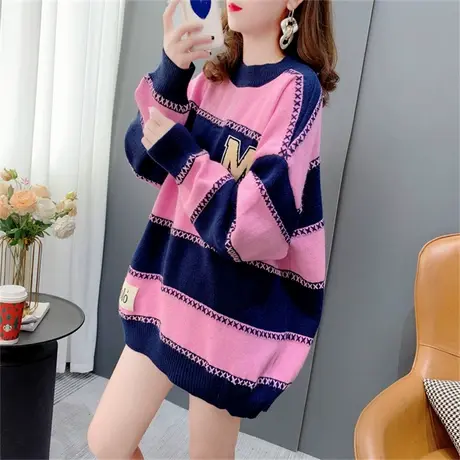 条纹毛衣女秋冬新款复古慵懒风宽松外穿设计感小众长袖针织衫上衣商品大图