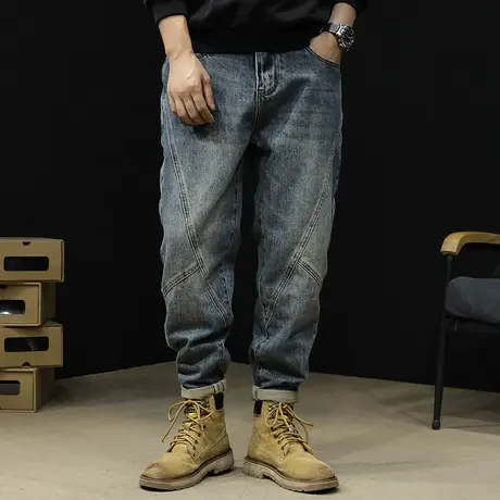 锥形直筒牛仔裤男2023新款秋冬款男士拼接款裤子宽松大码秋季男裤商品大图