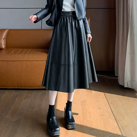 黑色皮裙半身裙女2023新款秋冬显瘦裙子高腰a字半裙休闲裙中长款商品大图