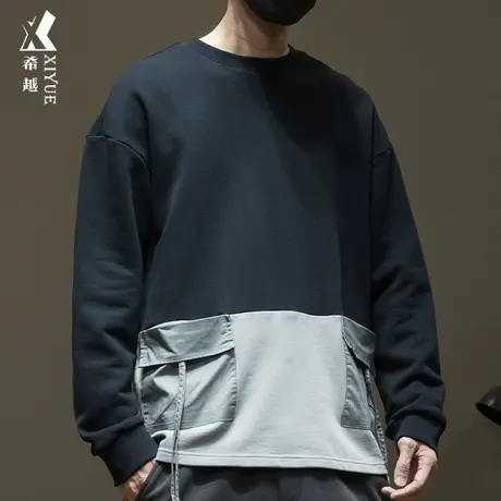 希越纯棉拼接重磅圆领卫衣男秋季设计感宽松大码美式潮流长袖T恤商品大图