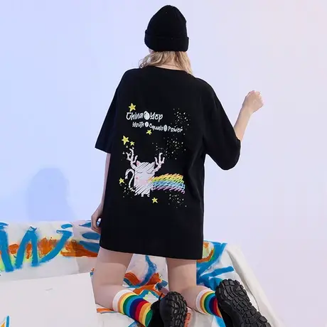 YEP潮牌黑色纯棉短袖t恤女夏季宽松半袖设计感小众百搭上衣ins潮商品大图