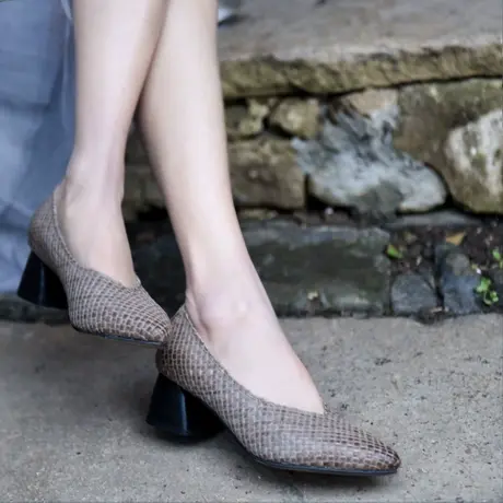 Artmu阿木原创复古手工鞋真皮编织女鞋尖头粗跟鞋浅口中跟单鞋女商品大图