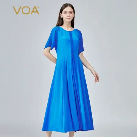 VOA真丝30姆米重磅蓝色圆领撞料拼接大摆型短袖桑蚕丝连衣裙图片