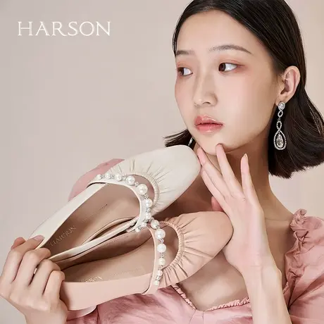 哈森春夏新款甜美风圆头褶皱珍珠女单鞋低跟玛丽珍女鞋HS228901图片