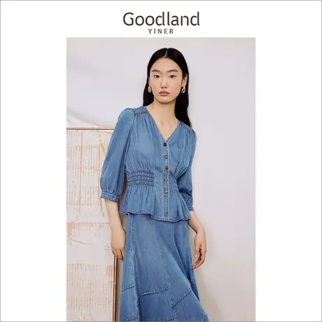 【柔滑天丝】音儿美地女装2023秋季新款牛仔衬衫莱赛尔收腰上衣图片