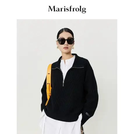 【拉链款针织衫】玛丝菲尔冬季新款黑色半拉链领口羊绒毛衣商品大图