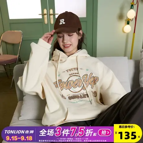 [YEP联名]唐狮2023春季新款女美式复古字母印花宽松休闲连帽卫衣图片