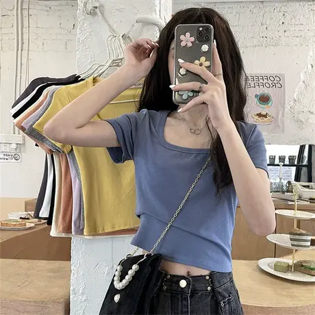 2023年早春夏季新款甜辣风别致上衣服设计感小众短款短袖t恤女装图片