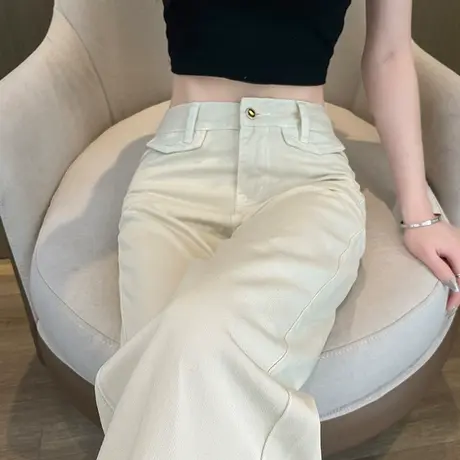 米白色窄版阔腿牛仔裤女2024夏季薄款高腰休闲裤子垂感拖地直筒裤商品大图