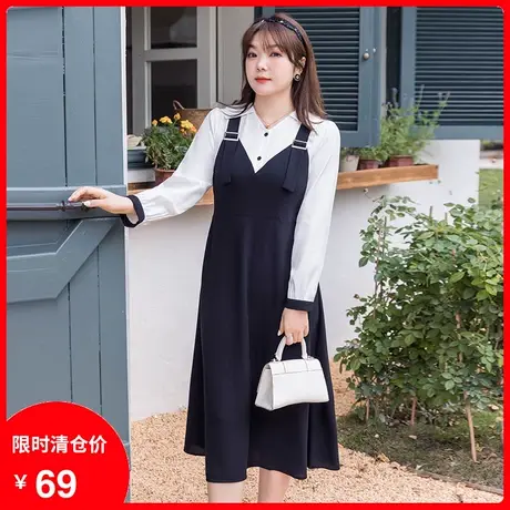 2024年新款秋装假两件背带裙V领收腰显瘦胖MM大码雪纺长袖连衣裙图片