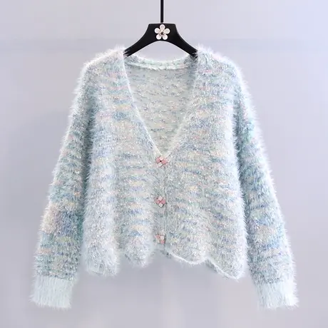 网红小清新短款毛衣外套女秋冬2023新款韩版宽松百搭减龄针织开衫商品大图