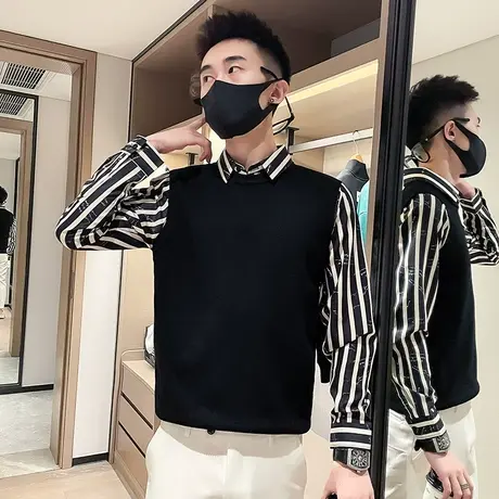 假两件毛衣秋冬款条纹拼接衬衫领针织打底衫男ins轻熟打底毛线衣商品大图