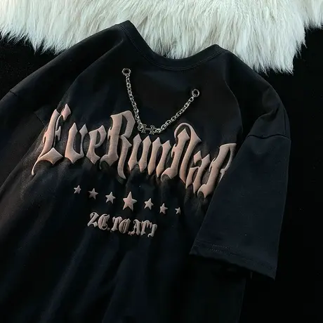 美式潮牌T恤男ins潮流设计感链条发泡字母夏季情侣oversize短袖衫图片